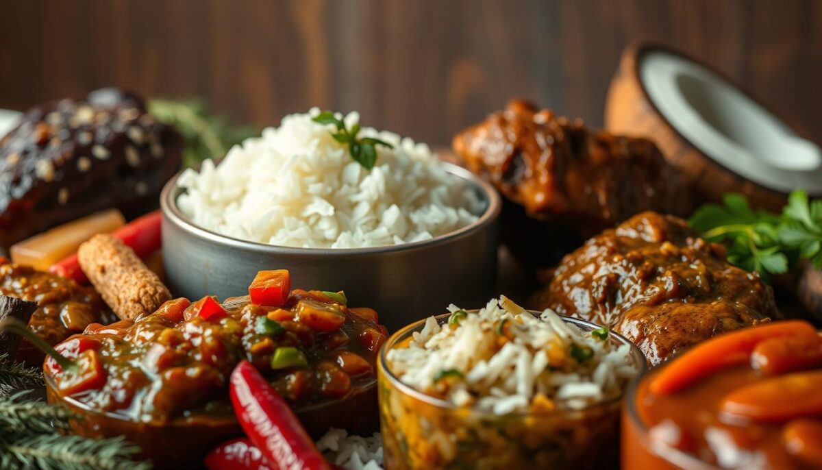 A vibrant still life showcasing an array of jerk marinade variations and rice dishes, captured in soft, natural lighting. In the foreground, an assortment of marinades in various shades of brown, red, and green, with ingredients like allspice, thyme, and Scotch bonnet peppers visible. In the middle ground, fluffy white rice is accompanied by coconut rice, its fragrant grains flecked with shredded coconut. The background features a wooden surface, hinting at the rustic, Jamaican-inspired setting. The overall composition conveys a sense of abundance, flavor, and the expert techniques required to craft these delectable dishes.