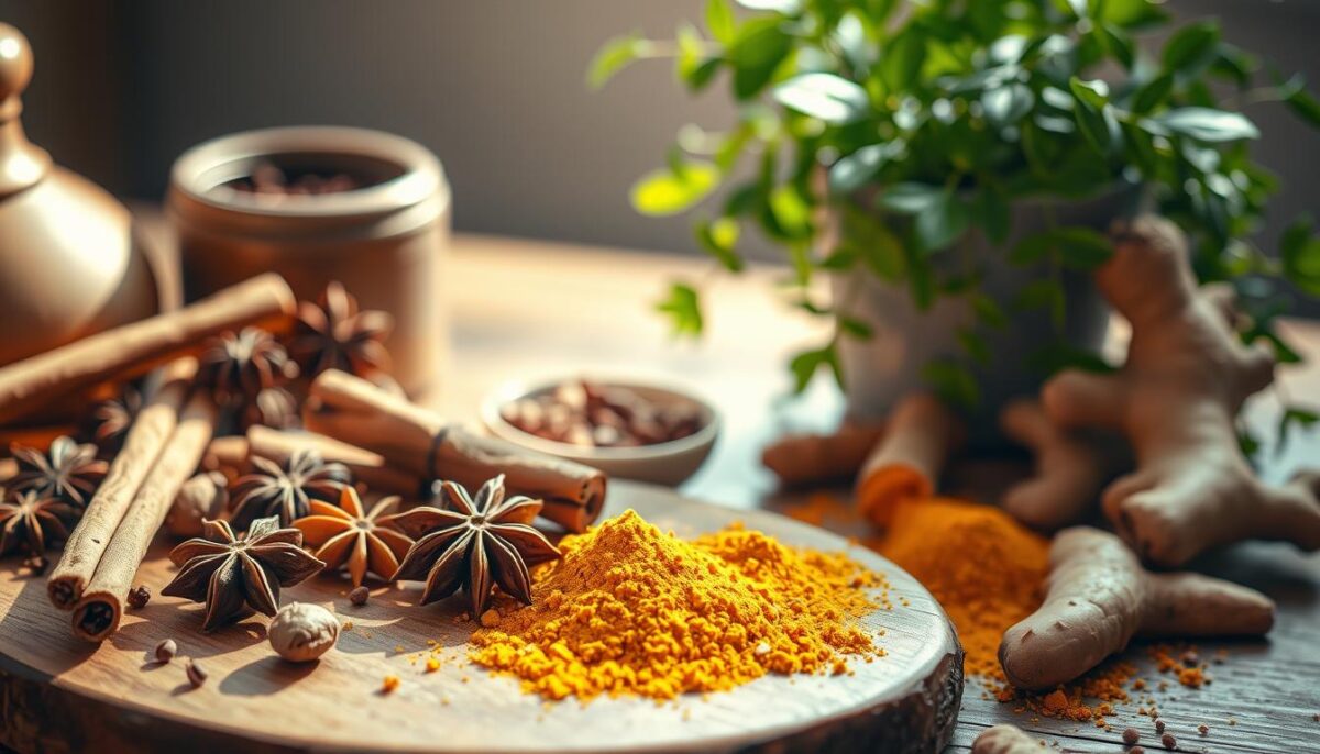A vibrant still life showcasing an assortment of aromatic spices for wellness. In the foreground, a wooden board is adorned with whole cloves, cinnamon sticks, fennel seeds, and star anise, casting warm shadows under soft, directional lighting. In the middle ground, a scattering of ground turmeric, cayenne pepper, and ginger root invites the viewer to explore their healing properties. The background features a lush, green potted plant, adding a soothing natural element to the scene. The overall composition exudes a sense of balance, inviting the viewer to experience the nurturing and restorative powers of these wellness-boosting spices.