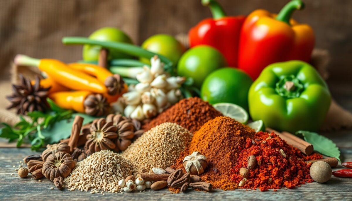 A vibrant still life showcasing the diverse spices and ingredients essential for authentic Caribbean cooking. In the foreground, an assortment of whole and ground spices - allspice, cinnamon, cloves, nutmeg, and pimento berries - artfully arranged. In the middle ground, fresh produce including scotch bonnet peppers, green onions, limes, and vibrant red and yellow bell peppers. The background features a wooden surface with a textured burlap cloth, creating a warm, rustic atmosphere. Warm, natural lighting illuminates the scene, casting soft shadows and highlighting the rich colors and textures of the ingredients. The overall composition conveys the vibrant, flavorful essence of Caribbean cuisine.