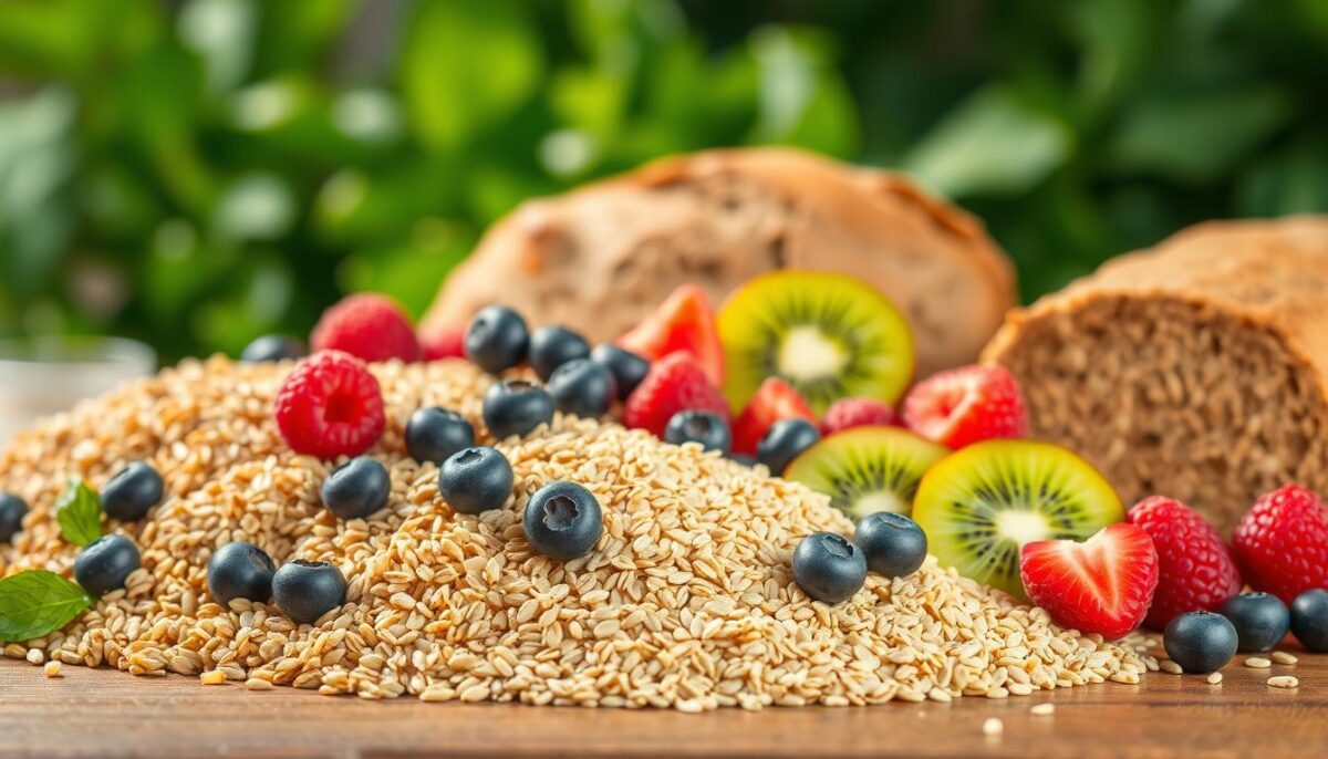 A vibrant still life with an assortment of whole grains and fiber-rich foods, captured in warm, natural lighting. In the foreground, a mix of quinoa, brown rice, oats, and whole wheat bread, arranged artfully on a wooden table. In the middle ground, fresh fruits like blueberries, raspberries, and sliced kiwi add pops of color. The background features a subtle, blurred backdrop of green leafy greens, suggesting a healthy, nutritious setting. The overall composition conveys a sense of balance, wholesome goodness, and the abundance of nature's bounty. A vibrant still life with an assortment of whole grains and fiber-rich foods, captured in warm, natural lighting. In the foreground, a mix of quinoa, brown rice, oats, and whole wheat bread, arranged artfully on a wooden table. In the middle ground, fresh fruits like blueberries, raspberries, and sliced kiwi add pops of color. The background features a subtle, blurred backdrop of green leafy greens, suggesting a healthy, nutritious setting. The overall composition conveys a sense of balance, wholesome goodness, and the abundance of nature's bounty.
