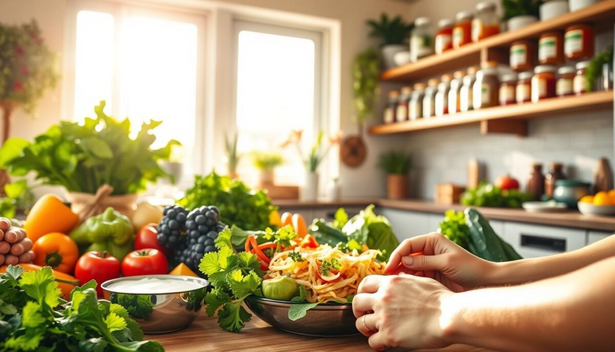 A vibrant, sunlit kitchen with an array of fresh, whole foods including leafy greens, colorful vegetables, probiotic-rich yogurt, and fermented foods like sauerkraut. In the foreground, a person's hands preparing a nutritious meal, reflecting the connection between diet and gut health. The middle ground features natural light streaming through large windows, casting a warm, inviting glow. In the background, shelves lined with jars of homemade ferments and herbal supplements, symbolizing a holistic, lifestyle-based approach to digestive wellness. The overall mood is one of serenity, mindfulness, and a commitment to nourishing the body from the inside out.