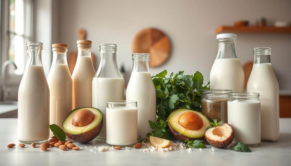 A visually appealing still life composition showcasing an assortment of milk and milk alternative options suitable for gut-healthy smoothies. The foreground features various glass bottles and jars filled with creamy almond milk, nutrient-dense coconut milk, and probiotic-rich kefir. In the middle ground, ripe avocados, leafy greens, and other smoothie ingredients add a natural, earthy tone. The background depicts a clean, minimalist kitchen countertop with subtle natural lighting highlighting the textures and colors of the products. The overall mood is bright, clean, and inviting, conveying the healthy and nourishing qualities of the liquid base options.