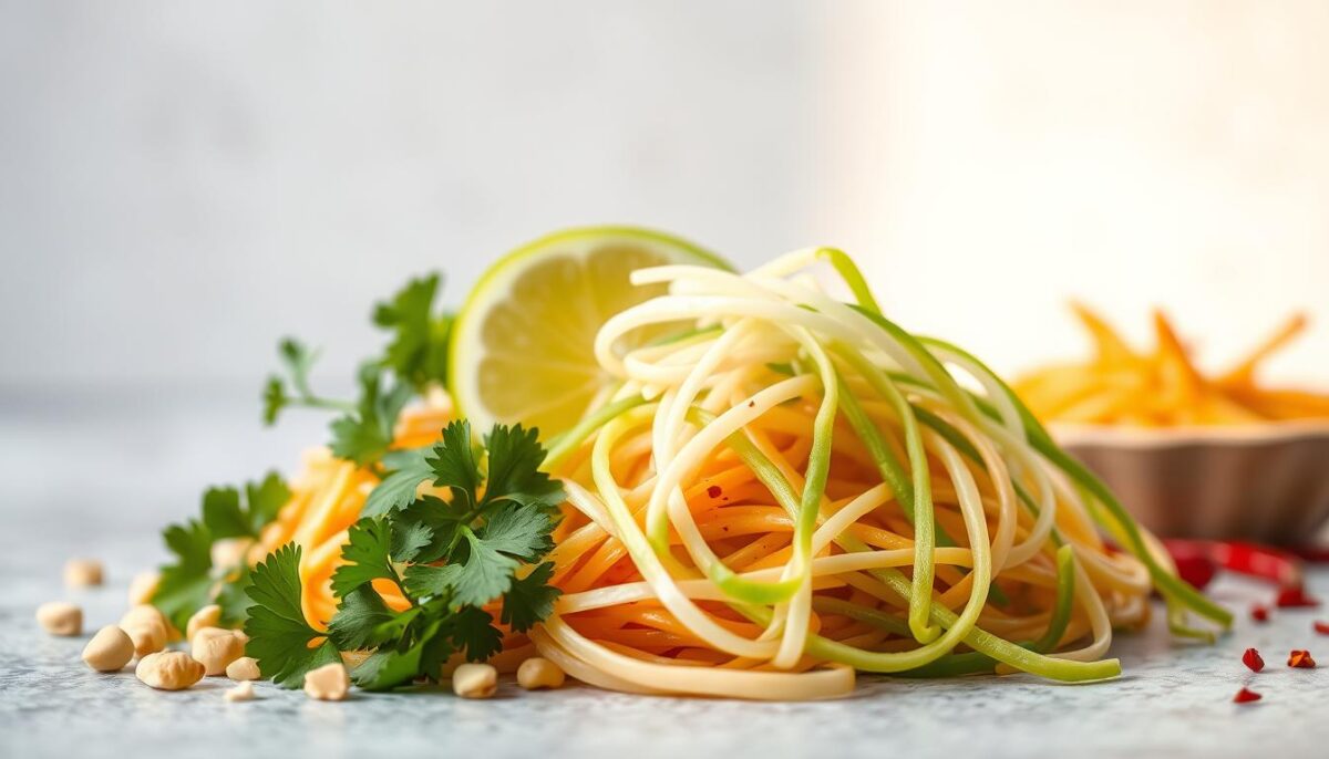 A visually enticing arrangement of traditional Thai pad thai garnishes, meticulously crafted against a softly diffused backdrop. In the foreground, delicate sprigs of fresh cilantro, crushed peanuts, and thin slices of lime create a vibrant color palette. The middle ground features thin strips of fresh bean sprouts, gently fanned out, adding a crisp, verdant contrast. In the background, a subtle hint of golden-hued fried shallots and chili flakes provides depth and complexity to the composition. The lighting is soft and natural, accentuating the textures and bringing out the inherent beauty of these authentic Thai ingredients. Captured with a shallow depth of field, the image exudes an inviting, artisanal atmosphere, perfectly complementing the "Serving and Garnishing Ideas" section of the "Cooking Authentic Thai Pad Thai with Fresh Ingredients" article.