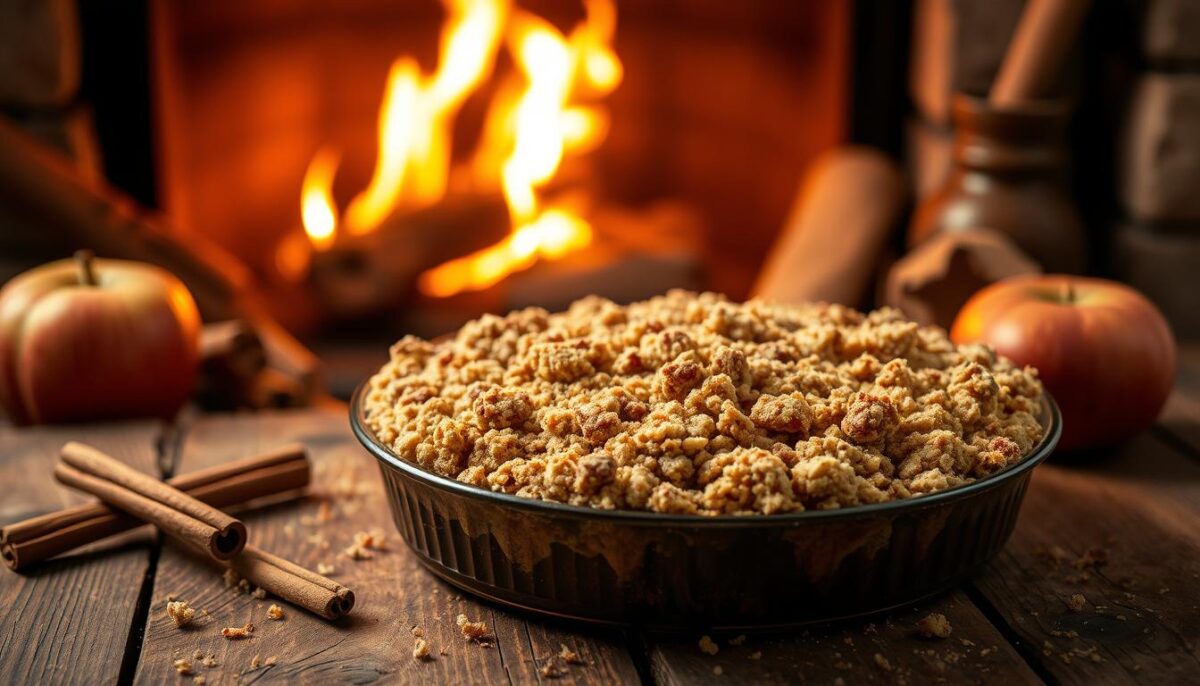 A warm, autumnal scene of a freshly baked apple cinnamon crumble, its golden-brown crumble topping glistening in the soft, diffused lighting. The dish sits atop a rustic, wooden table, surrounded by a few scattered cinnamon sticks and apple slices. The crumble's enticing aroma fills the air, evoking the comforting flavors of the season. In the background, a cozy fireplace casts a gentle glow, creating a welcoming, hygge-inspired atmosphere. The image is shot with a shallow depth of field, drawing the viewer's attention to the delectable dessert in the foreground.