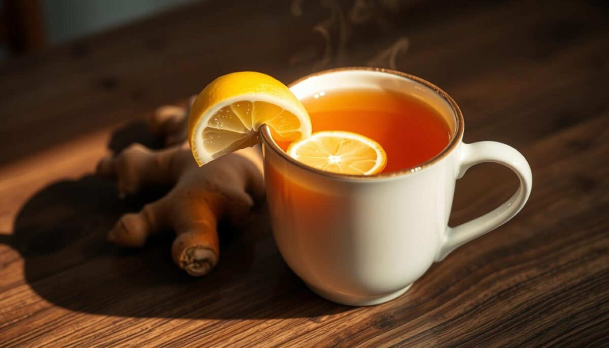 A warm, comforting mug of ginger tea, its amber liquid gently steaming, sits atop a wooden table. Delicate slices of fresh ginger and a few lemon wedges adorn the surface, hinting at the soothing, invigorating flavors within. The lighting is soft and gentle, casting a warm, inviting glow over the scene. The background is slightly blurred, keeping the focus on the central mug and its calming, nausea-relieving ingredients. The overall atmosphere evokes a sense of tranquility and well-being, perfect for illustrating the soothing power of herbal teas.