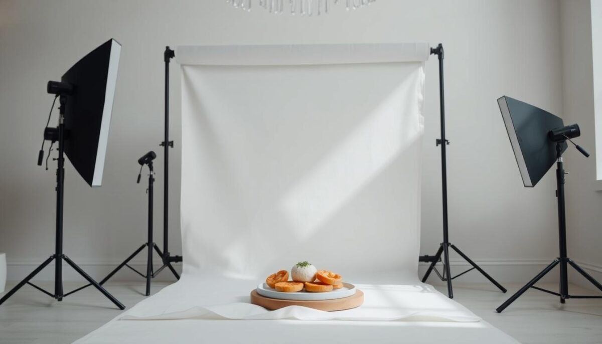 A well-designed diffuser setup for balanced natural lighting in a food photography studio. A large, soft-white diffusion panel is mounted on a sturdy frame, positioned at a 45-degree angle to the subject. Neutral-toned reflectors line the sides, subtly filling in shadows and creating a seamless, even illumination. The camera is placed at a low, eye-level angle, framing the scene with a shallow depth of field. The overall atmosphere is serene and luminous, with a touch of subdued, natural radiance that beautifully complements the food subject.
