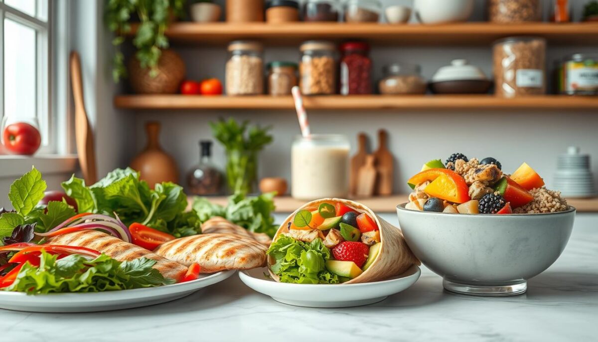 A well-lit, airy kitchen setup showcasing an assortment of nutritious fast food choices. In the foreground, a vibrant salad with crisp greens, fresh vegetables, and a drizzle of a light vinaigrette. Alongside, a grilled chicken breast and a whole-grain wrap filled with lean protein, avocado, and crunchy veggies. In the middle ground, a smoothie bowl brimming with blended fruits, yogurt, and a sprinkle of chia seeds. In the background, shelves stocked with healthy pantry staples such as quinoa, lentils, and various herbs and spices. The overall scene exudes a sense of balance, wholesome goodness, and the ease of preparing nutritious meals on the go.