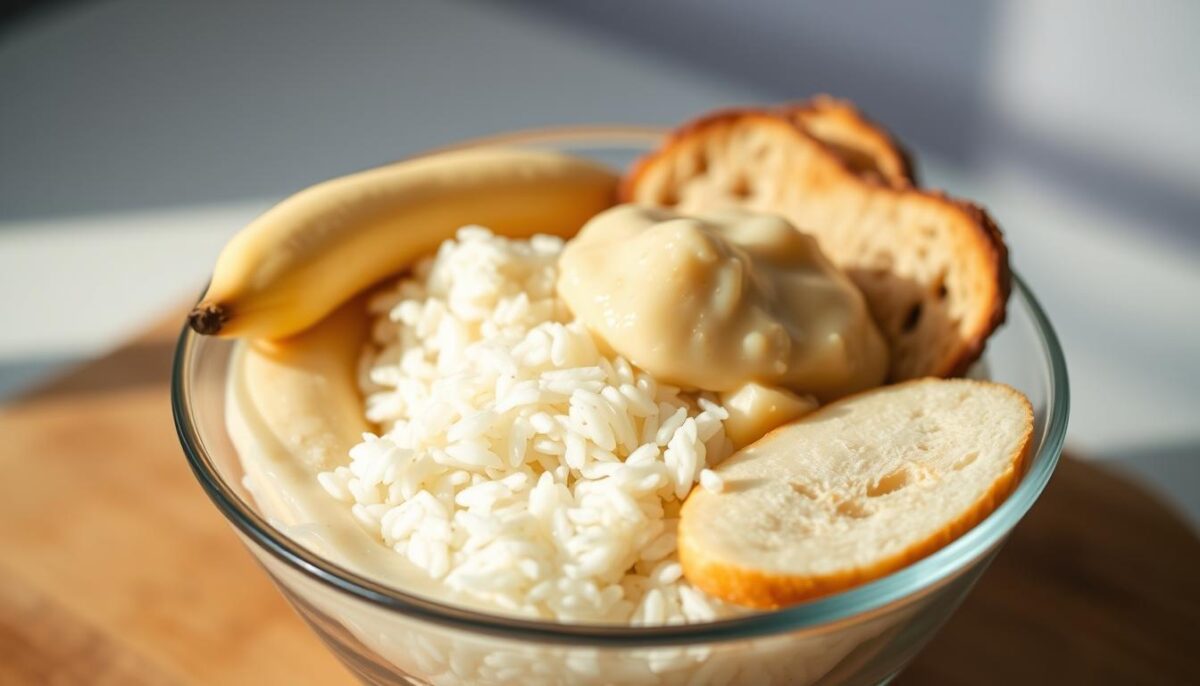 A well-lit, close-up shot of a glass bowl filled with a carefully arranged assortment of BRAT diet essentials - soft, ripe bananas, plain white rice, applesauce, and plain, unsweetened toast slices. The lighting casts a warm, natural glow, accentuating the soft textures and muted colors of the ingredients. The composition is balanced and symmetrical, with the bowl positioned centrally in the frame. The background is slightly blurred, keeping the focus on the nourishing, easy-to-digest foods that are crucial for rebuilding strength during stomach virus recovery.