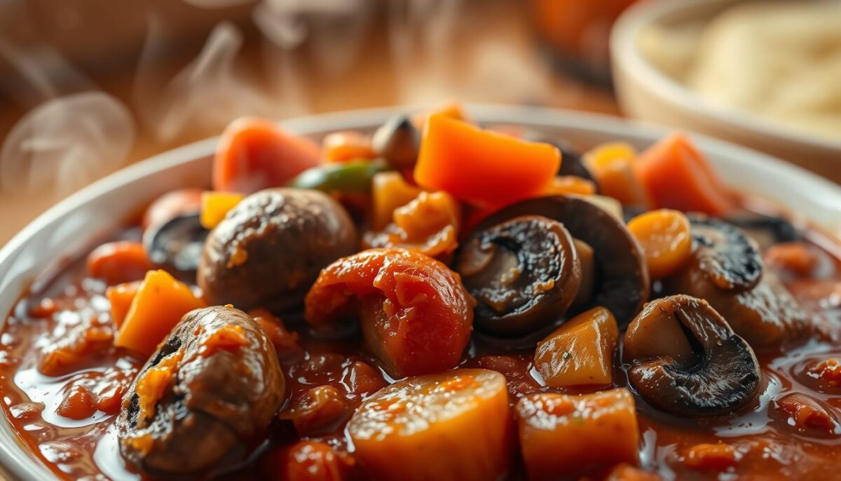A well-lit, detailed close-up shot of a hearty bowl of vegetarian mushroom goulash. In the foreground, meaty portobello and crimini mushrooms in a rich, paprika-infused tomato-based sauce. The middle ground features tender carrots, onions, and bell peppers, adding color and texture. In the background, steam rises, creating an atmospheric haze. The lighting is warm and inviting, accentuating the dish's earthy tones. The camera angle is slightly tilted, giving the viewer a sense of depth and immersion. The overall mood is comforting and appetizing, reflecting the homemade nature of this Hungarian classic.