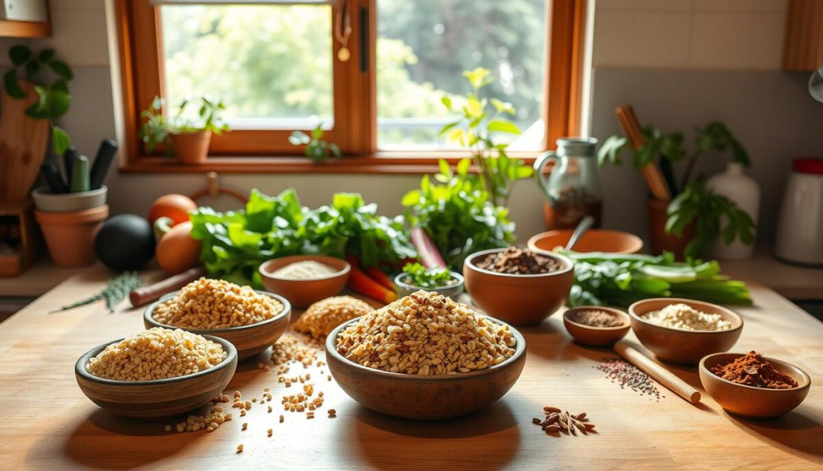 A well-lit kitchen counter, bathed in warm, natural light. At the center, an array of wholesome grains - hearty quinoa, nutty brown rice, and aromatic basmati - arranged in rustic earthenware bowls. Surrounding them, a selection of fresh vegetables, herbs, and spices, hinting at the flavorful recipes to come. In the background, a window overlooking a lush, verdant garden, setting the scene for a meal made with homegrown, nutritious ingredients. The overall atmosphere is one of simplicity, warmth, and a celebration of the bounty of the earth.