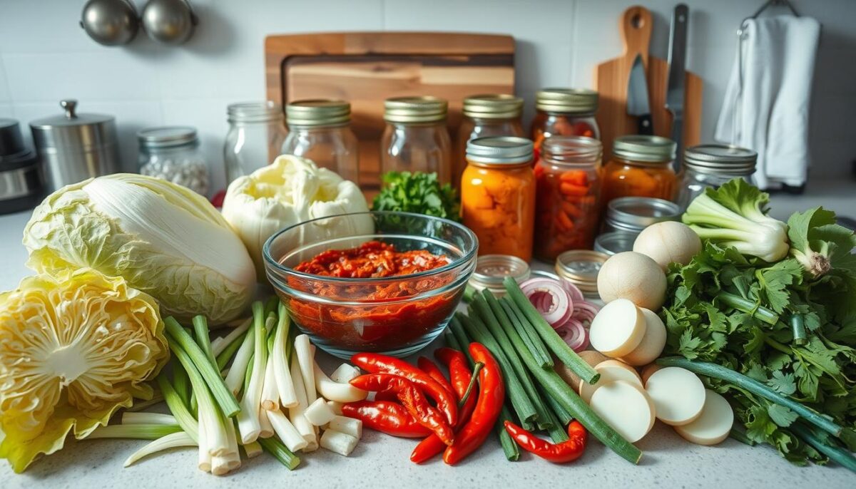 A well-lit kitchen countertop displays an assortment of Korean fermentation essentials. In the foreground, a variety of whole and chopped vegetables, including napa cabbage, Korean radish, scallions, and chili peppers, are arranged neatly. Beside them, a mixing bowl filled with a vibrant red paste, likely a homemade gochujang or kimchi seasoning. In the middle ground, an array of jars, lids, and weights used for the fermentation process are visible, each with their own distinct shapes and textures. In the background, a wooden cutting board, a sharp knife, and a few kitchen towels complete the setup, creating an organized and intentional scene. The lighting is soft and even, highlighting the colors and textures of the ingredients, conveying a sense of preparation and anticipation for the fermentation journey ahead.
