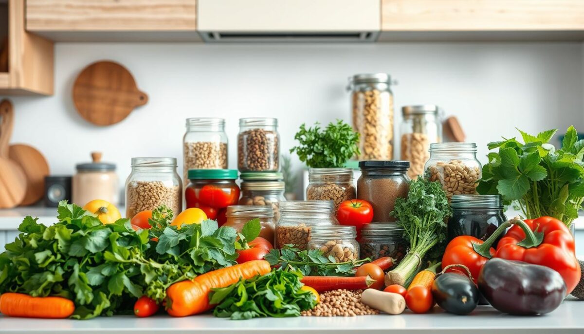 A well-lit, modern kitchen counter showcasing an assortment of nutrient-dense pantry staples. In the foreground, an array of colorful whole foods including leafy greens, fresh herbs, vibrant vegetables, and jars of fermented foods. In the middle ground, glass jars filled with dry goods like whole grains, nuts, seeds, and legumes. In the background, a clean, minimalist backdrop with natural wood accents and subtle industrial elements. The lighting is soft and diffused, highlighting the rich textures and vibrant hues of the ingredients. The overall scene conveys a sense of wellness, nourishment, and a commitment to gut-healing whole foods.