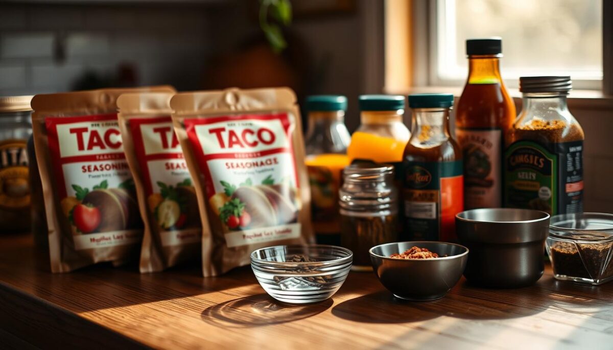 A wooden surface with various taco seasoning pouches, jars of marinades, and small bowls of spices and herbs. The lighting is warm and natural, with a slight shadow cast from the foreground elements. The background is slightly blurred, giving focus to the taco ingredients in the middle ground. The overall atmosphere is inviting and evokes the comfort of a home-cooked taco night. The composition draws the eye to the variety of marinades and seasonings, suggesting the ease of customizing a flavorful taco meal.