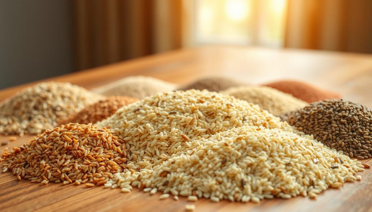 A wooden table is covered with a variety of colorful grains and rice, including brown rice, wild rice, quinoa, barley, and millet. The grains are arranged in neat piles, their textures and hues creating a visually appealing contrast. Soft, natural lighting from a window casts a warm glow over the scene, highlighting the varied shapes and sizes of the different grains. The background is slightly blurred, keeping the focus on the central arrangement of the rice and grain mixture. The overall mood is one of simplicity, wholesome nourishment, and culinary creativity.