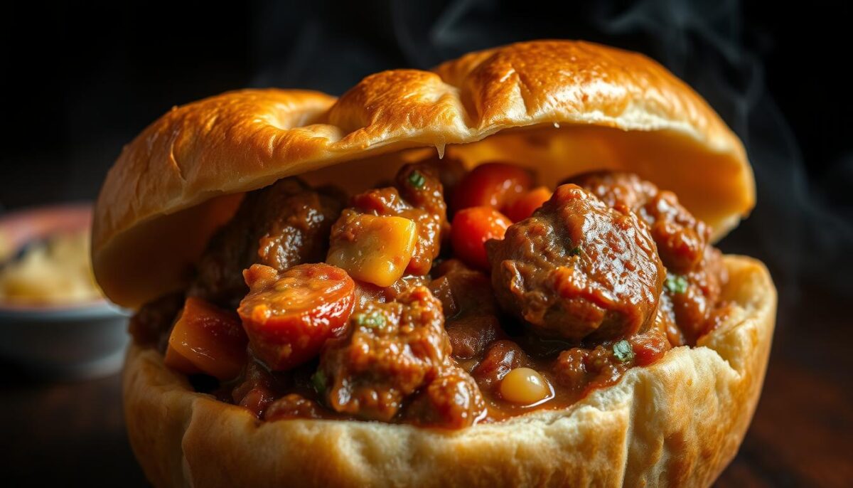 An appetizing close-up of a freshly prepared Bunny Chow, a beloved South African curry dish. The flaky, golden-brown bread bowl is filled to the brim with a fragrant, richly-spiced lamb or chicken curry, dotted with tender pieces of meat and vibrant vegetables. Dramatic lighting highlights the dish's hearty textures and vibrant color palette, inviting the viewer to imagine the deep, complex flavors. The image is captured from a low angle, emphasizing the dish's comforting, homemade quality. An aroma of toasted spices, simmered tomatoes, and warming curry fills the frame, evoking the mouthwatering experience of enjoying this iconic South African culinary treasure.