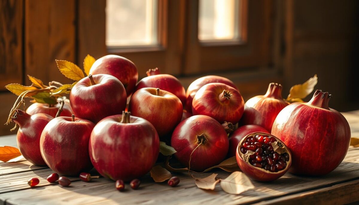 An autumnal still life featuring a bountiful arrangement of ripe, jewel-toned apples and pomegranates set against a warm, rustic backdrop. The fruits are carefully positioned on a weathered wooden table, bathed in soft, golden light that filters through the window, casting gentle shadows and highlights across their textured surfaces. The vibrant colors and earthy tones evoke the cozy, rejuvenating energy of the fall season. A harmonious blend of natural elements, this image celebrates the abundance and nourishing qualities of these nutrient-rich seasonal treasures.