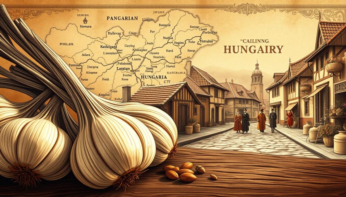 An ornate, sepia-toned illustration of the rich history behind the iconic Hungarian goulash. In the foreground, a cluster of fresh garlic and paprika pods, their textures and colors meticulously rendered. In the middle ground, a faded vintage map of Hungary highlights the geographic origins of these essential spices. The background depicts a quaint Hungarian village, with traditional architecture, cobblestone streets, and people in period costumes going about their daily lives. The scene is bathed in warm, soft lighting, evoking a sense of timeless tradition and culinary heritage. The overall composition conveys the storied past and cultural significance of these humble yet flavorful ingredients.