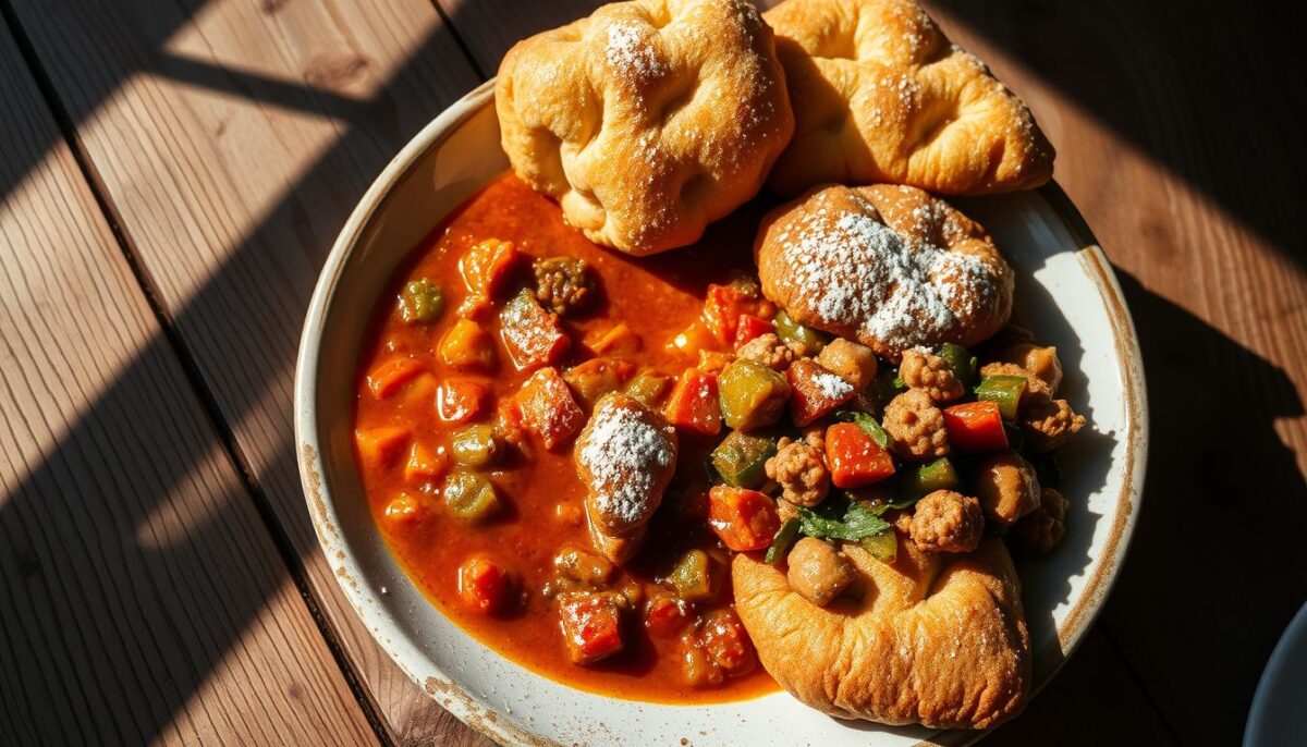 Chakalaka, a vibrant South African vegetable stew, simmering with aromatic spices, sits alongside golden brown vetkoek, a traditional fried dough bread. Crisp yet fluffy, the vetkoek is dressed in a light dusting of powdered sugar, creating a delightful contrast to the rich, savory chakalaka. The composition is framed by a rustic wooden table, with natural lighting casting warm, inviting shadows, evoking the homely, comforting atmosphere of a family gathering. The scene radiates the vibrant flavors and cultural heritage of South African cuisine, perfectly complementing the main course.