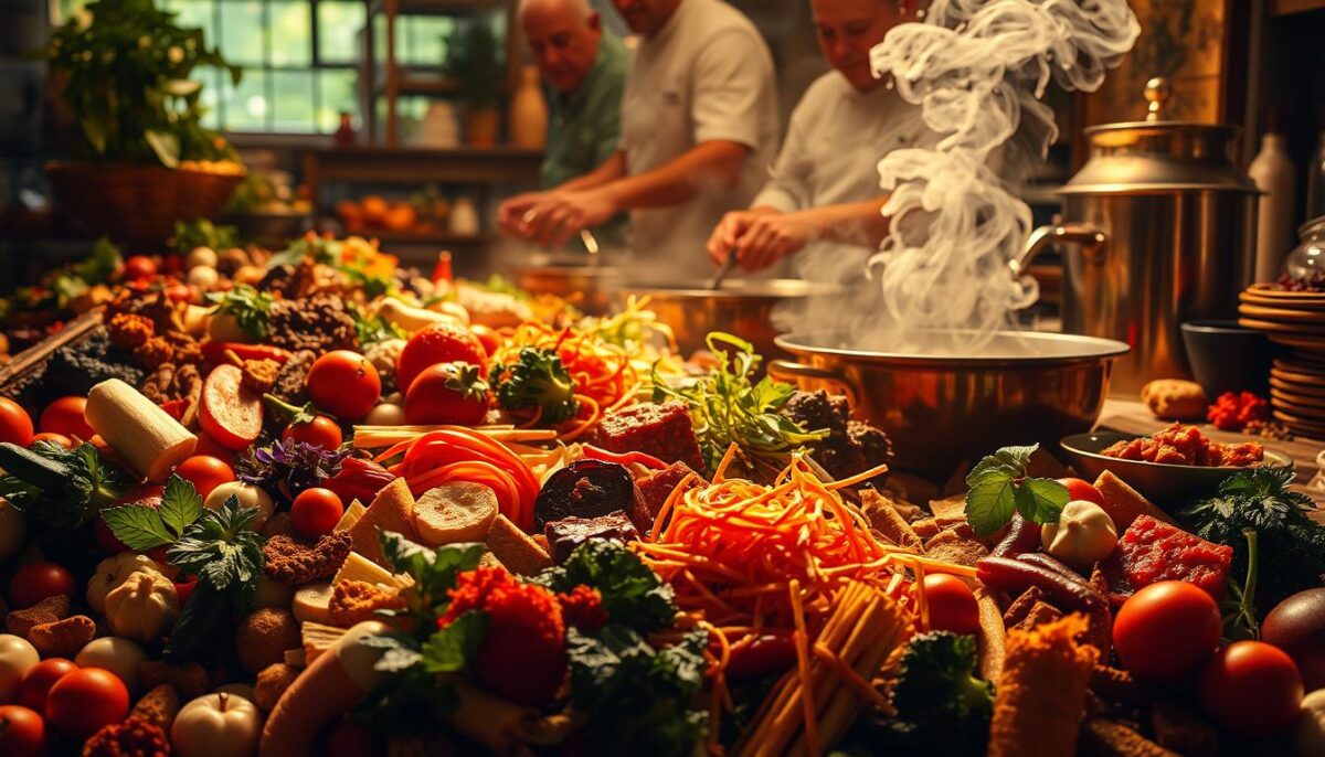 Culinary crossovers evolution: a vibrant mosaic of cultures fused into a symphonic dance of flavors. In the foreground, a cornucopia of ingredients from around the world - spices, produce, and proteins - mingling in a harmonious blend. The middle ground showcases a tapestry of cooking techniques, from sizzling woks to simmering pots, as chefs artfully combine culinary traditions. In the background, a kaleidoscope of influences - ancient recipes, modern innovations, and global inspirations - converge to create a new gastronomic frontier. Warm, golden lighting casts a dreamlike glow, inviting the viewer to savor the evolution and cultural significance of this fusion feast.