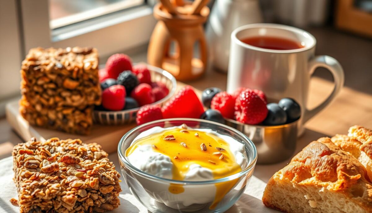 Delectable homemade granola bars, fresh from the oven, sprinkled with toasted nuts and seeds. Ripe, juicy berries arranged artfully around a bowl of creamy Greek yogurt, drizzled with local honey. Flaky, buttery scones in golden hues, served alongside a mug of steaming herbal tea. Sunlight filters through the kitchen window, casting a warm glow on the vibrant, nourishing breakfast treats. The scene evokes a sense of wholesome indulgence, a harmonious balance of flavor and wellness. Captured with a crisp, natural lighting and a shallow depth of field to draw the eye to the enticing details.