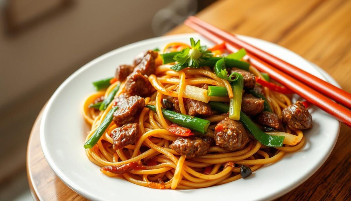 Delicious plate of quick beef lo mein, fresh from the wok. Steaming noodles, tender beef, crisp vegetables, and a savory sauce glistening under soft, warm lighting. The dish is artfully plated, with clean lines and a balanced composition. A sense of homemade comfort and ease, perfect for a busy weeknight dinner. High-quality ingredients and skilled preparation are evident, creating a visually appetizing and mouthwatering scene.