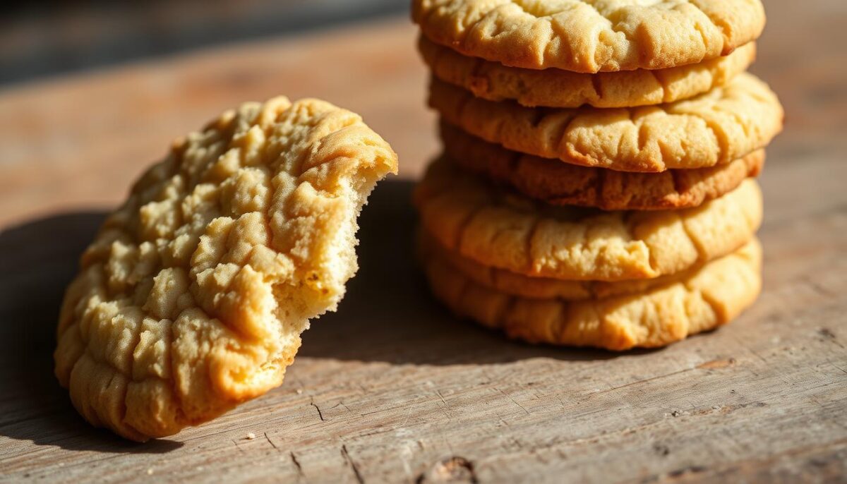 High-quality close-up photo of a stack of crisp, lightly golden-brown coconut almond flour cookies, arranged on a rustic wooden surface. The cookies have a delicate, crumbly texture and a subtle nutty aroma. Soft, diffused natural lighting from the side illuminates the cookies, casting soft shadows and highlighting their intricate patterns. The background is slightly blurred, allowing the cookies to be the focal point. The overall composition conveys a sense of homemade, wholesome indulgence, perfectly suited for the "Crispy Cookies and Baked Goodies" section of the article.