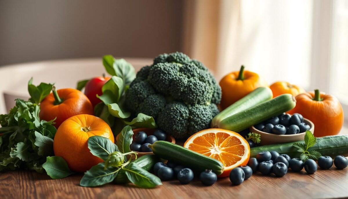 High-resolution, hyperrealistic image of an assortment of low FODMAP vegetables and fruits artfully arranged on a wooden table, set against a soft, blurred background. The produce includes spinach, broccoli, cucumbers, blueberries, and oranges, illuminated by natural, warm lighting coming from the side. The composition is visually balanced, with the items neatly organized to showcase their vibrant colors and textures. The overall mood is calm, nutritious, and conducive to gut health.