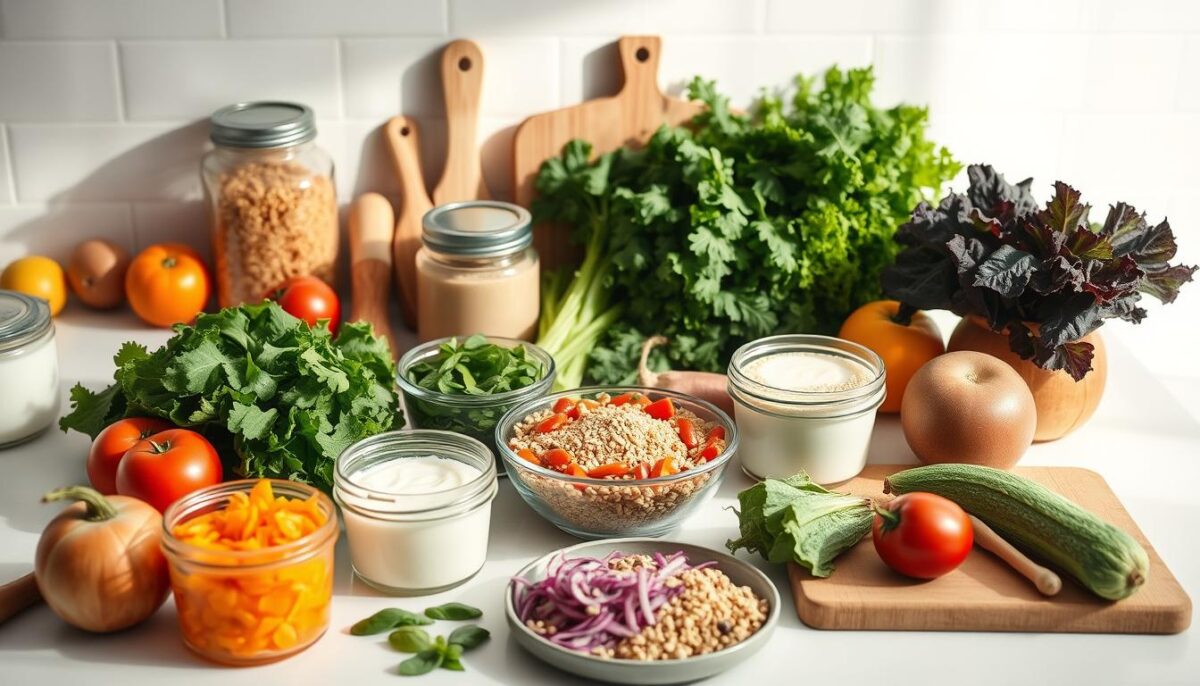 Meal prep for gut health: a clean, well-lit kitchen countertop with an assortment of fresh, vibrant ingredients - leafy greens, colorful vegetables, whole grains, probiotic-rich foods like sauerkraut and kefir, alongside neatly organized glass containers and cutting boards. Soft, natural lighting bathes the scene, creating a calming, inviting atmosphere. The composition emphasizes simplicity, wholesomeness, and a mindful approach to nourishing the body. The overall mood is one of wellness, balance, and a smooth, seamless transition to a gut-friendly diet.