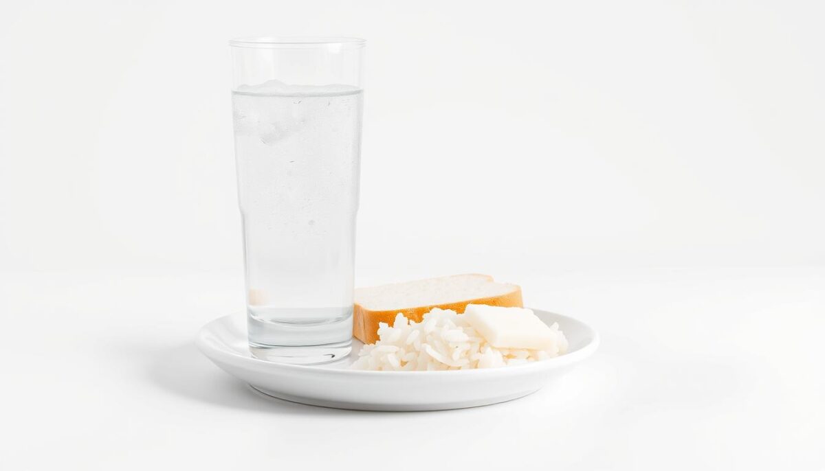 On a crisp white background, a glass of clear, sparkling water sits atop a simple white plate, accompanied by a plain slice of white bread and a few pieces of steamed white rice. The lighting is soft and diffused, creating a calming, clinical atmosphere. In the foreground, the liquids and bland foods are the focal point, their simplicity and purity emphasized by the minimalist setting. The image conveys a sense of soothing, restorative nourishment, suitable for a sensitive stomach.
