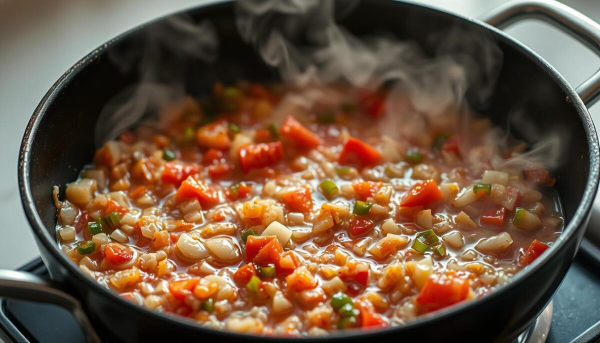 Steaming hot skillet filled with sizzling sofrito base, a fragrant mix of finely diced onions, garlic, bell peppers, and tomatoes, glistening with olive oil. Wisps of steam rise, illuminated by soft, diffused lighting, casting a warm, inviting glow. The scene is captured from a high angle, showcasing the vibrant colors and textures of the ingredients, set against a clean, minimalist backdrop that emphasizes the culinary focus. The overall mood is one of anticipation and the promise of a delicious, authentic Spanish dish.