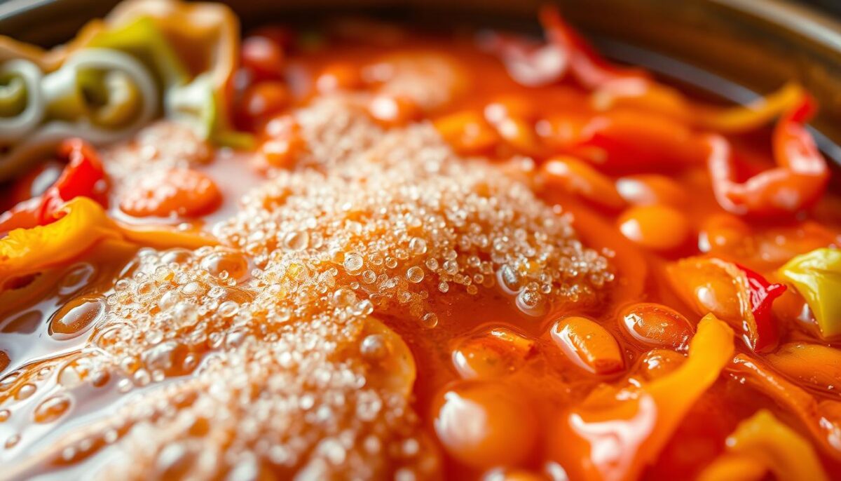 Vibrant, close-up shot of active Korean kimchi fermentation in progress. Foreground features vibrant red and green cabbage leaves, glistening with fermentation bubbles and brine. Midground showcases the dynamic interplay of gas pockets bursting through the surface, creating a mesmerizing display of textures and motion. Background subtly blurred, placing emphasis on the fermentation process. Warm, natural lighting highlights the rich colors and moist textures, conveying the essential, artisanal nature of traditional kimchi making. Captured with a macro lens at a 45-degree angle, creating an immersive, almost tactile experience for the viewer.