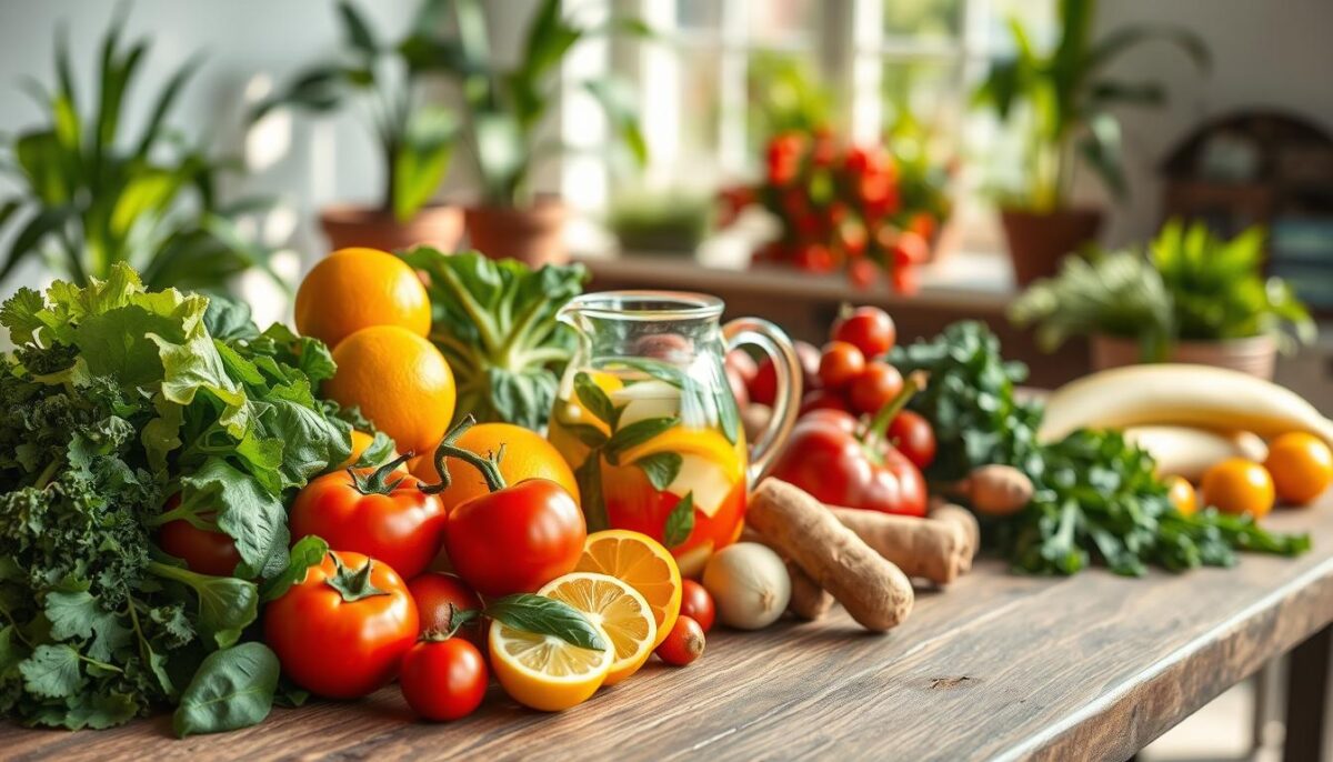 Vibrant seasonal produce artfully arranged on a rustic wooden table, illuminated by soft natural light streaming in through a window. In the foreground, a bountiful selection of fresh fruits and vegetables, their colors and textures inviting - ripe tomatoes, crisp greens, juicy citrus, and earthy root vegetables. In the middle ground, a glass pitcher filled with infused water, highlighting the hydrating and nourishing properties of seasonal ingredients. The background features a minimalist, plant-filled interior, conveying a sense of balance, wellness, and the restorative power of eating in harmony with nature's cycles. The overall mood is one of abundance, vitality, and the holistic benefits of seasonal eating.