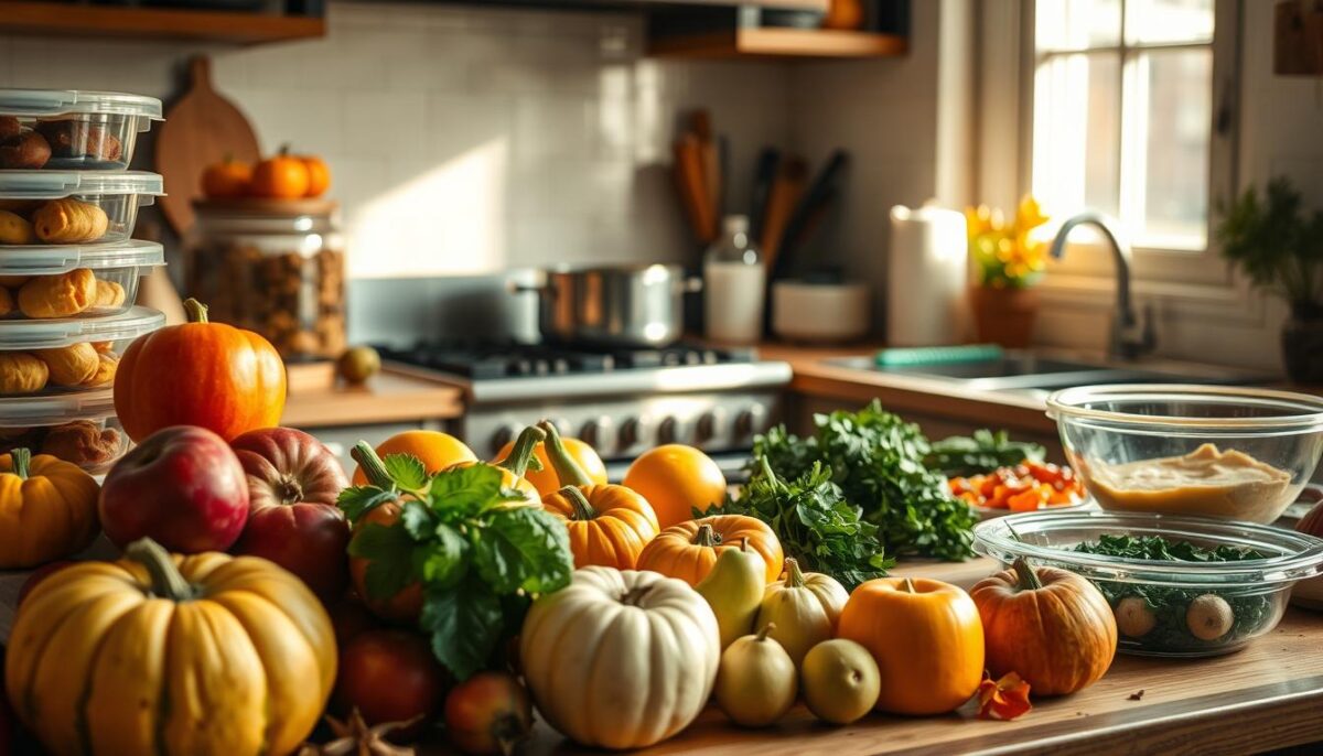 Warm autumn kitchen counter, featuring an assortment of seasonal produce and ingredients. In the foreground, an array of colorful squash, apples, and pears, alongside a stack of meal prep containers. In the middle ground, a cutting board with freshly chopped herbs and vegetables, a simmering pot on the stove, and a mixing bowl filled with batter. The background is softly lit with natural sunlight filtering through a window, casting a cozy, inviting glow. The overall scene conveys a sense of intentional, nourishing preparation for the colder months ahead.