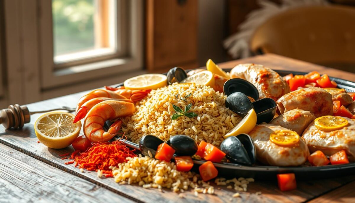 a detailed still life scene of paella ingredients laid out on a rustic wooden table, brightly lit from the side by natural light streaming in through a window, the scene has a warm, inviting atmosphere, the ingredients include short-grain Spanish rice, saffron threads, paprika, lemon wedges, shelled prawns, mussels, chicken thighs, and diced tomatoes, all artfully arranged to showcase their vibrant colors and textures, the table is positioned at a slight angle, creating depth and perspective, the background is softly blurred, letting the ingredients take center stage