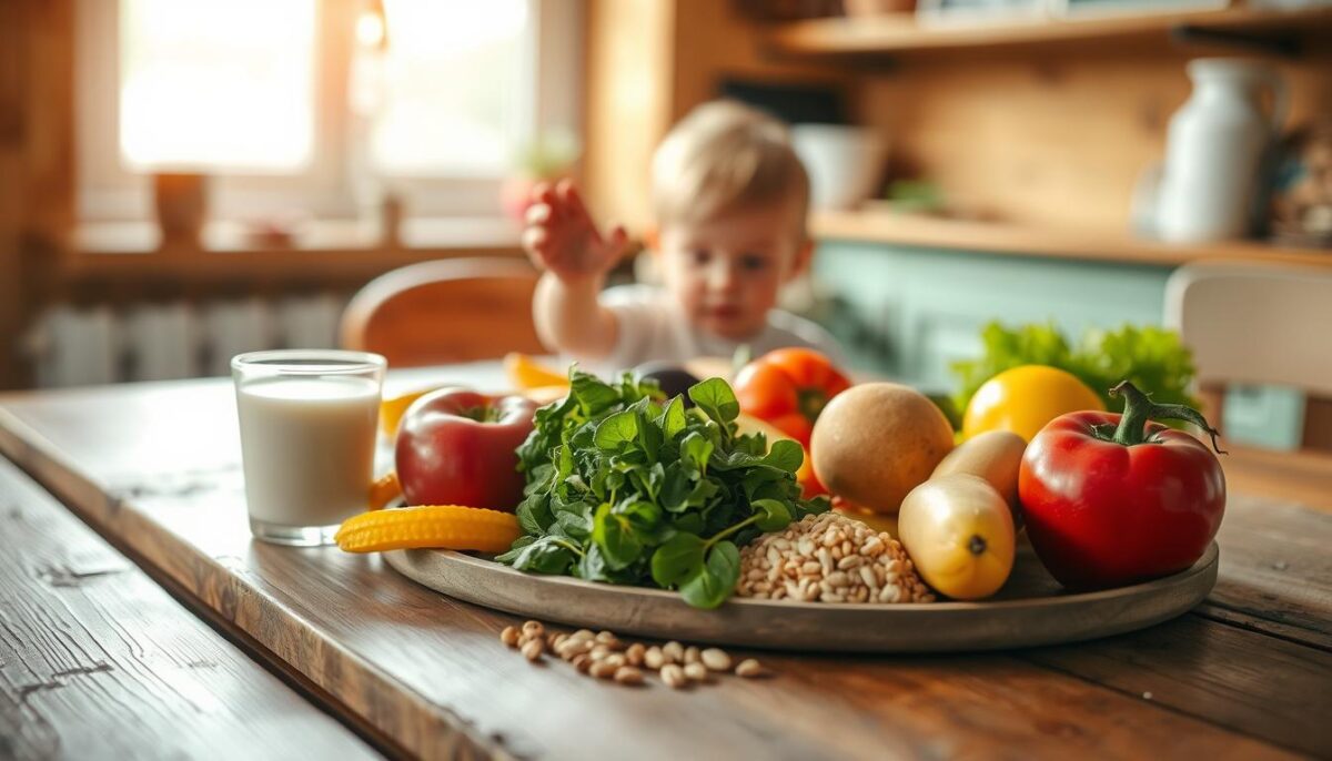 A balanced, nutritious meal on a rustic wooden table, with vibrant fruits, vegetables, grains, and a glass of milk in the foreground. In the middle ground, a child's hand reaching for the food, conveying growth and development. The background features a warm, natural lighting filtering through a window, creating a cozy, inviting atmosphere. The overall composition emphasizes the importance of a well-rounded diet for a child's physical growth and overall well-being.