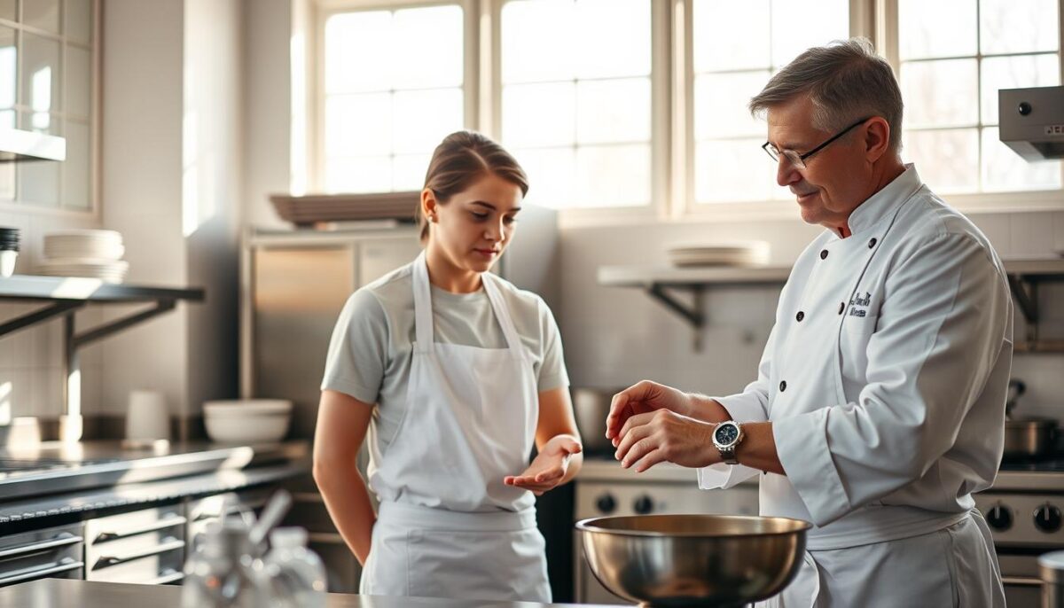 A bright, airy kitchen with a young culinarian under the tutelage of an experienced chef. The apprentice, wearing a crisp white apron, intently observes as the mentor demonstrates a precise culinary technique, their hands in motion capturing the intricate movements. Soft, natural lighting filters in through large windows, casting a warm glow over the scene. Gleaming stainless steel appliances and carefully organized workstations suggest an atmosphere of discipline and professionalism. The apprentice's face is focused, eager to learn, while the mentor's expression conveys patient guidance, passing on the accumulated wisdom of their craft. This image embodies the essence of the apprenticeship model - hands-on learning, one-on-one mentorship, and the gradual mastery of culinary skills.
