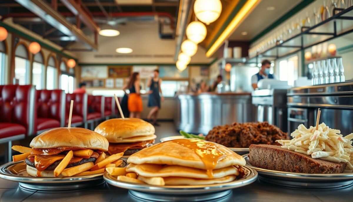 A brightly lit diner interior with classic chrome accents, vinyl booths, and a tiled floor. In the foreground, a spread of quick and easy diner meals - a sizzling cheeseburger with crispy fries, a stack of golden pancakes drizzled in syrup, and a hearty meatloaf sandwich with a side of coleslaw. The middle ground features a bustling wait staff efficiently serving customers. The background showcases the iconic diner counter with a shiny chrome finish, a vintage cash register, and shelves stocked with classic milkshake glasses. Warm, soft lighting creates a welcoming atmosphere, capturing the nostalgic spirit of a 1950s diner.