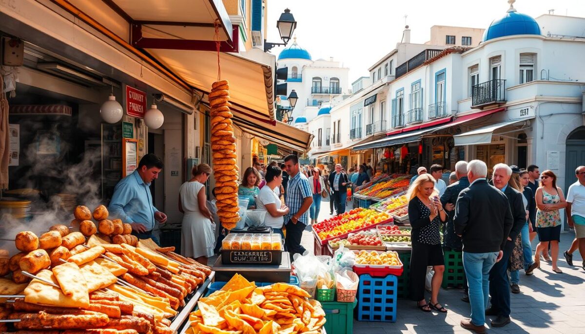 A bustling Greek street corner, bathed in warm Mediterranean sunlight. In the foreground, a colorful display of authentic street food - steaming piles of fragrant souvlaki, sizzling gyros roasting on a vertical spit, and crisp, golden-brown spanakopita. Shopkeepers and locals mingle, exchanging lively conversation as they sample the tantalizing aromas. The middle ground features an array of colorful produce stalls, with vendors showcasing the vibrant fruits and vegetables that define Greek cuisine. In the background, traditional whitewashed buildings with blue-domed roofs rise up, creating a quintessential Athenian streetscape. The overall scene conveys a sense of lively, casual energy - a true taste of how the locals experience the city's culinary delights.
