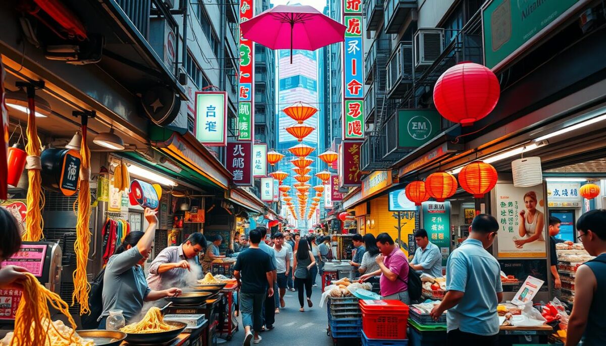 A bustling Hong Kong street lined with vibrant food stalls, sizzling woks, and eager patrons. The foreground is alive with motion - vendors skillfully tossing noodles, scooping steaming dumplings, and chopping fresh ingredients. In the middle ground, colorful umbrellas and hanging lanterns cast a warm glow, while the background is framed by towering neon signs and bustling foot traffic. The scene is shot from a low angle, highlighting the energy and activity of this iconic food haven. The lighting is natural and diffused, creating a lively yet intimate atmosphere perfect for exploring Hong Kong's unparalleled street food scene.