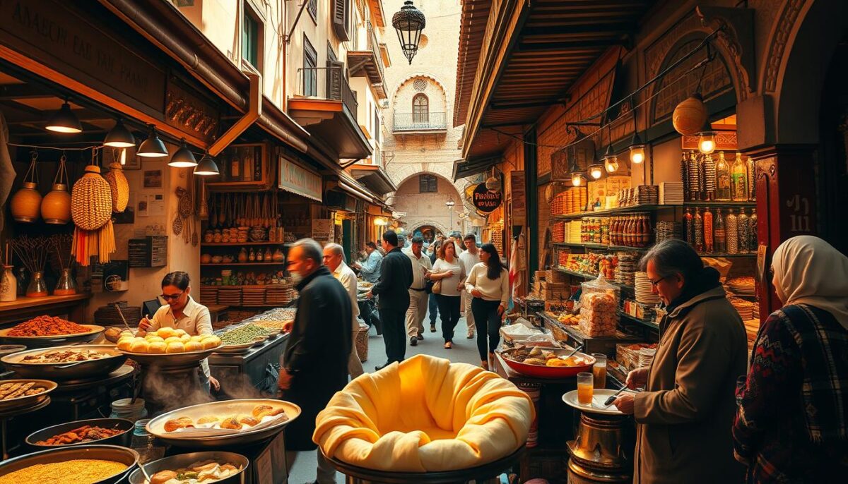 A bustling Moroccan marketplace at the height of midday, bathed in warm, golden light filtering through the labyrinth of alleyways. Vibrant stalls brimming with fragrant tagines, skewered meats, and flaky pastries beckoning passersby. In the foreground, a vendor skillfully crafts a steaming msemmen, the buttery layers flaking as it's hand-stretched. Nearby, patrons savor refreshing mint tea and freshly squeezed orange juice, pausing to soak in the lively atmosphere. In the middle ground, an array of colorful spices, handcrafted wares, and artisanal delicacies line the narrow passages, drawing in the senses. The background fades into a tapestry of intricately tiled facades, archways, and bustling figures, capturing the essence of a Moroccan midday feast.