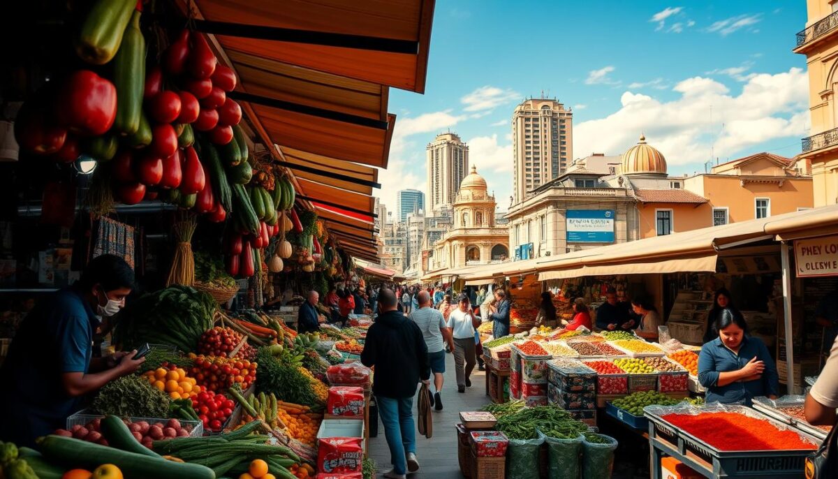 A bustling Peruvian marketplace, awash in vibrant hues and rich aromas. In the foreground, stalls overflow with an abundance of fresh produce - crisp vegetables, juicy fruits, and fragrant spices. Vendors call out, enticing passersby with their wares. The middle ground is a tapestry of activity, as locals and visitors navigate the crowded walkways, sampling street food delicacies and haggling for handcrafted goods. In the background, towering buildings and a clear, sun-dappled sky frame the scene, lending an air of lively energy and authentic Peruvian culture. Warm, diffused lighting casts a welcoming glow, capturing the warmth and vitality of this quintessential Lima experience.