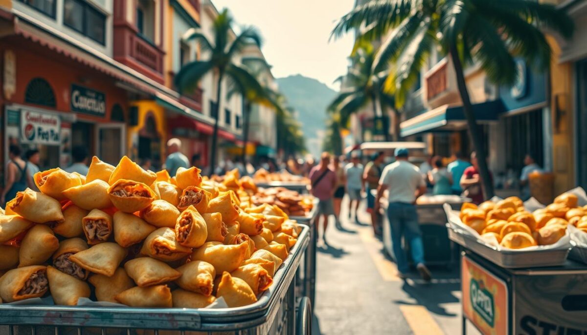 A bustling Rio de Janeiro street, sun-drenched and vibrant, with a medley of local street food stalls lining the sidewalks. In the foreground, a cart overflows with glistening coxinhas, the beloved savory pastries stuffed with shredded chicken. Beside it, a vendor skillfully fries up golden-brown pastel pockets, their crispy shells tempting passersby. In the middle ground, a kaleidoscope of other traditional treats beckons - from sweet, fluffy churros to sizzling cheese-filled acarajé. The background is a tapestry of colorful buildings, lush palm trees, and the ever-present energy of this captivating city. Warm, natural lighting casts a gentle glow, inviting you to savor the tantalizing aromas and flavors of Rio's irresistible street snacks.