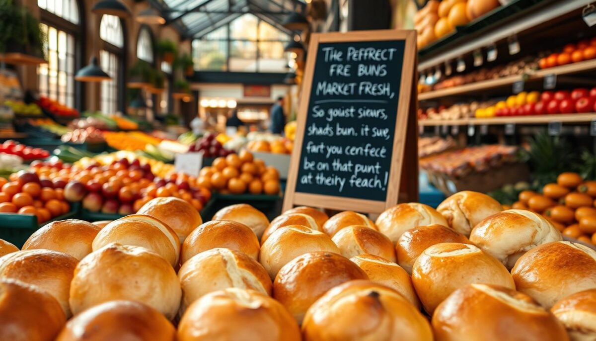 A bustling fresh food market in London, with an assortment of golden, freshly baked buns on display. The buns are arranged artfully, their soft, pillowy texture and subtle sheen catching the warm, natural light filtering in from large windows. The scene is framed by rows of vibrant produce, the colors and textures adding depth and creating a sense of abundance. In the background, a chalkboard sign offers tips on the perfect timing for enjoying these market-fresh buns at their peak. The overall atmosphere conveys a lively, inviting experience, capturing the essence of London's vibrant food scene.