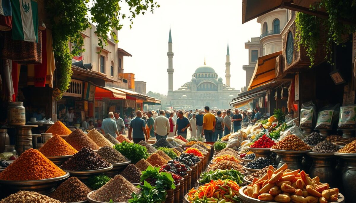 A bustling marketplace in ancient Cairo, sunlight filtering through vibrant spice stalls. An array of colorful dishes and ingredients in the foreground - fragrant cumin, earthy coriander, sweet dates, and crisp vegetables. In the middle ground, a diverse crowd of locals and travelers, each bringing their own cultural influences. Towering minarets and domes of historic mosques loom in the hazy background, a testament to the city's rich heritage. The scene evokes the seamless blend of cultures that has shaped the unique flavors of Egyptian cuisine over centuries.