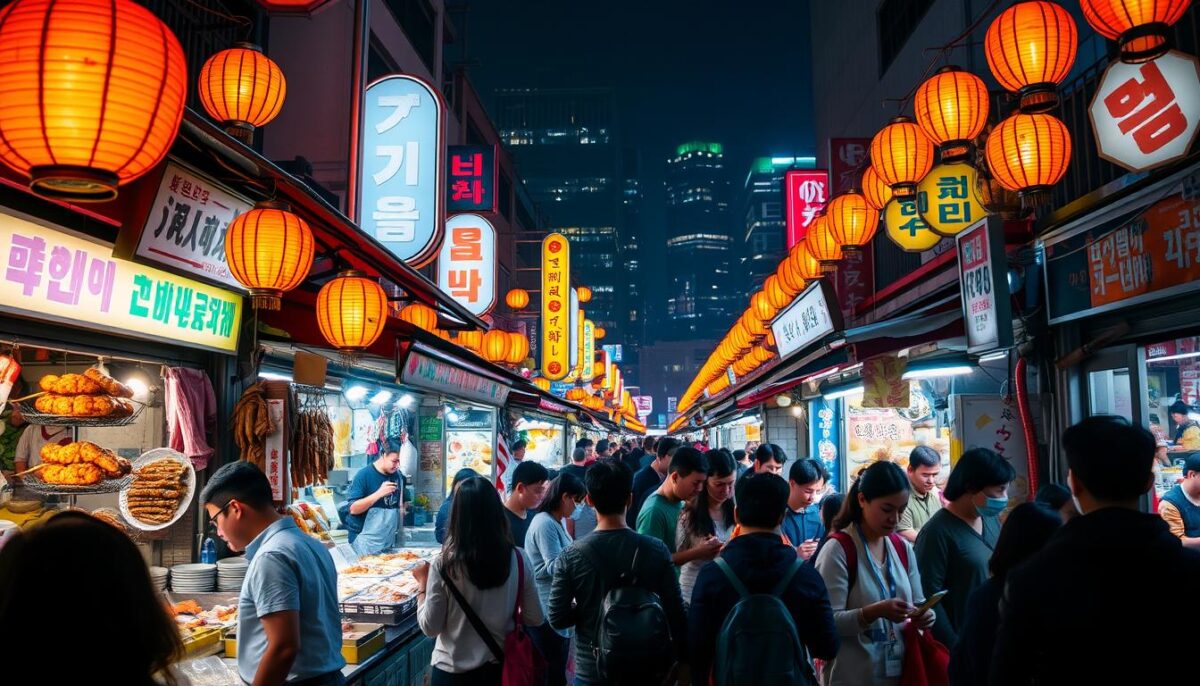 A bustling night food market in Seoul, South Korea. Vibrant stalls line the streets, illuminated by warm, golden lanterns. The air is thick with the aroma of sizzling street food - skewered meats, simmering soups, and fragrant kimchi. People weave through the lively crowds, sampling local delicacies and haggling with vendors. In the background, neon signs and twinkling lights from high-rise buildings create a captivating cityscape. The scene is lively, colorful, and brimming with the spirit of Korean culinary culture.
