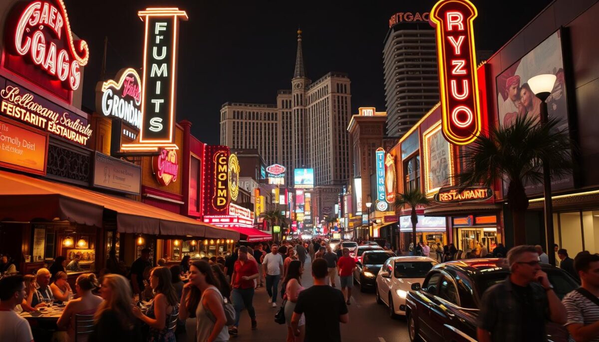 A bustling nighttime scene on Fremont Street, Las Vegas. The iconic neon signs and retro facades of the neighborhood's lively restaurants cast a warm, vibrant glow over the lively crowds below. In the foreground, people spill out of open-air eateries, chatting and laughing as they savor local cuisine. The middle ground is filled with a lively mix of pedestrians, street performers, and vintage vehicles cruising down the historic street. In the background, the towering casino hotels of downtown Las Vegas rise up, creating a dynamic, energetic atmosphere. Dramatic low-angle lighting and a wide-angle lens capture the energy and excitement of this iconic Las Vegas neighborhood.