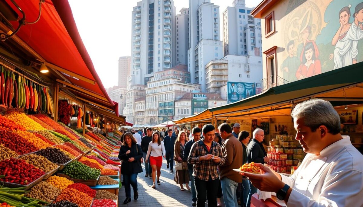A bustling open-air market in the heart of Lima, Peru. Vibrant stalls overflow with an array of aromatic spices, from fiery aji amarillo to fragrant cumin. In the foreground, a local chef examines a handful of freshly harvested ingredients, their colors seemingly illuminated by the warm morning sun. In the middle ground, patrons meander through the lively crowds, pausing to inspect the bountiful produce and sample tantalizing bites. The background is a tapestry of towering buildings, their facades adorned with intricate murals that hint at the rich cultural heritage of this dynamic city. The overall scene conveys the sensory delight and cultural vibrancy of a Peruvian culinary tour.