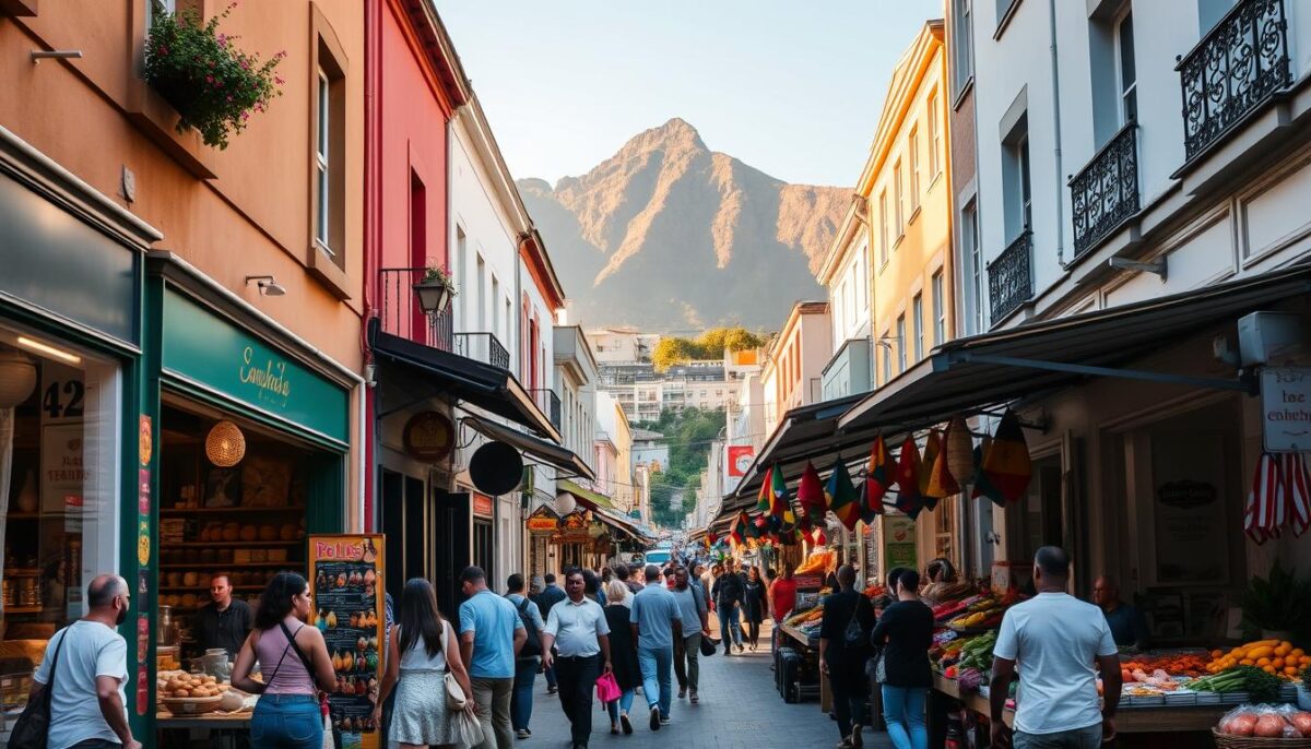 A bustling street in the heart of Cape Town, lined with vibrant storefronts and quaint cafes. The foreground features a group of locals and tourists exploring a charming neighborhood bakery, its aromas wafting through the air. In the middle ground, a colorful market stall overflows with fragrant spices, fresh produce, and artisanal goods. Beyond, the iconic Table Mountain looms in the distance, bathed in warm, golden light. The scene radiates a sense of discovery, inviting the viewer to uncover the hidden culinary gems that make this city a true foodie's paradise.
