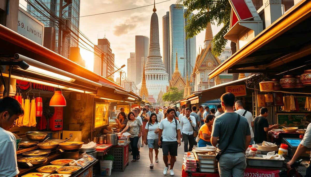 A bustling street scene in Bangkok, Thailand, showcasing the vibrant food culture. In the foreground, a vibrant mix of local street food stalls, with vendors preparing and serving an array of authentic Thai dishes - steaming curries, sizzling stir-fries, and fragrant noodle soups. In the middle ground, pedestrians weave through the lively crowd, eagerly sampling the mouthwatering delicacies. The background features the iconic architectural elements of Bangkok, with towering skyscrapers and ancient temples creating a captivating contrast. The scene is bathed in the warm, golden glow of the tropical sun, evoking a sense of adventure and culinary exploration. Capture the energy, aromas, and exhilaration of planning the ultimate Bangkok food adventure.