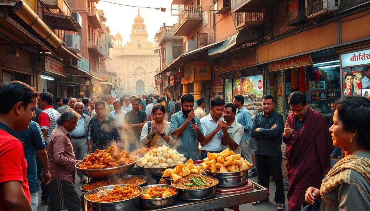 A bustling street scene in Old Delhi, India, filled with vibrant colors, enticing aromas, and the lively energy of local vendors. In the foreground, a cart overflows with an array of steaming, fragrant dishes - tandoori chicken, chana masala, and crisp samosas. Amid the throng of pedestrians, a group of locals and curious visitors eagerly sample the delectable offerings. The middle ground reveals a maze of narrow alleyways lined with small, family-run eateries, their open-air kitchens bustling with activity. In the background, a blend of historic architecture and modern city life creates a captivating backdrop, bathed in warm, golden light that evokes the rich cultural heritage of this vibrant culinary destination.